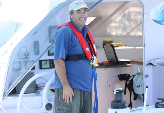 A relaxed Bruce Arms took time to thank his supporters as he headed out along the shore of Mooloolaba Bay - Bruce Arms is off on his Solo Around Australia catamaran world record attempt  © Tracey Johnstone